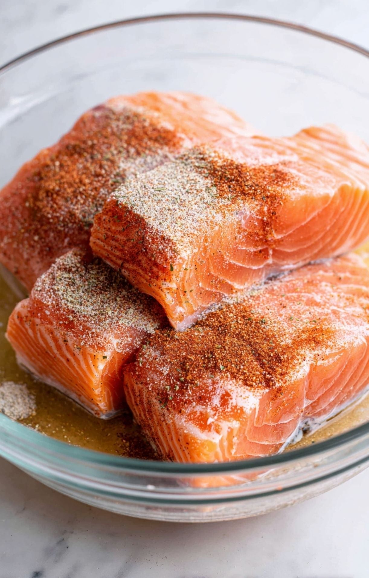 A close-up of raw salmon fillets being generously coated with dry rub and herbs for an easy air fryer salmon recipe.