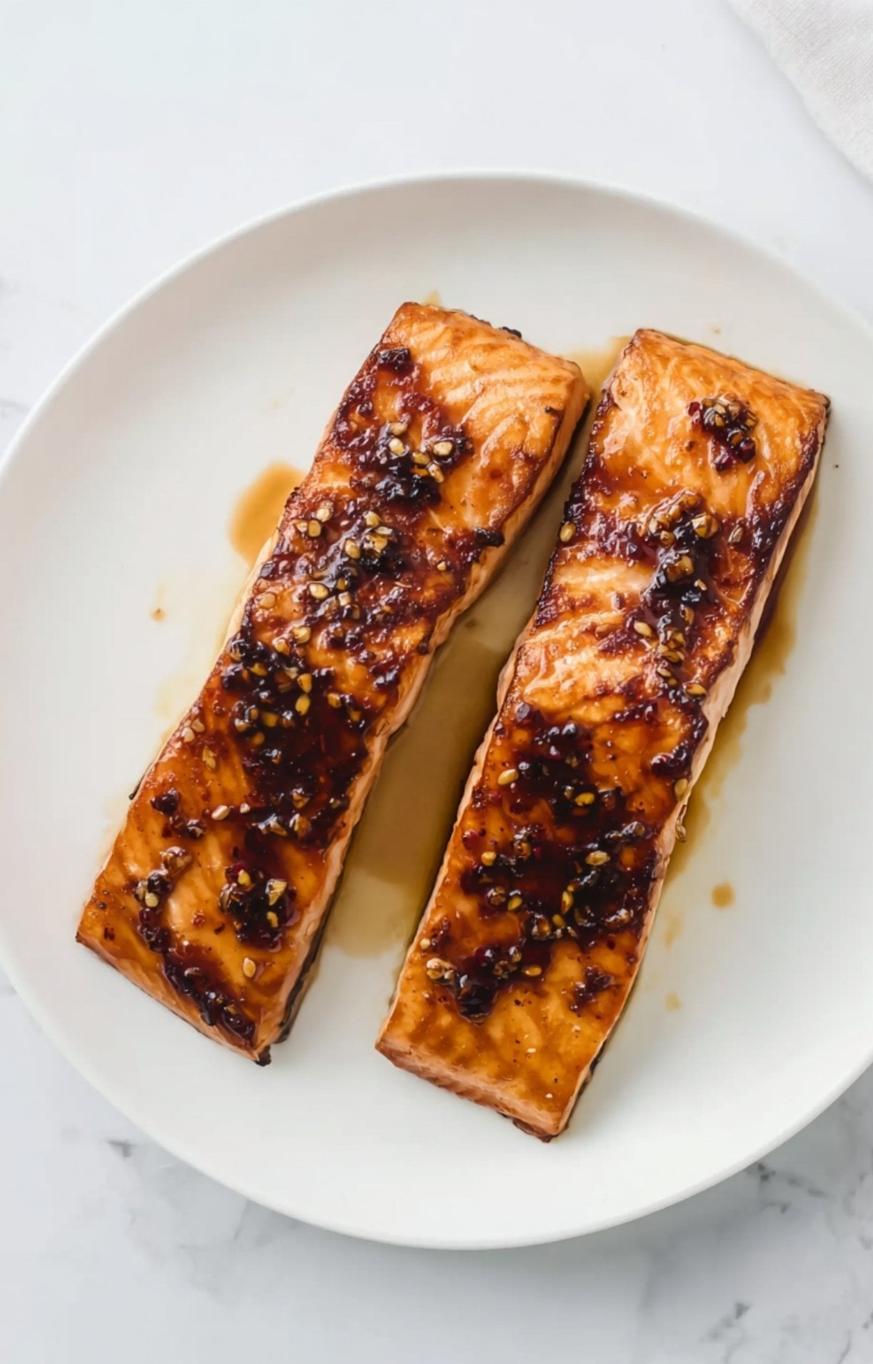 Two completed honey garlic salmon air fryer fillets resting on a white plate, showcasing the sticky and savory glaze.