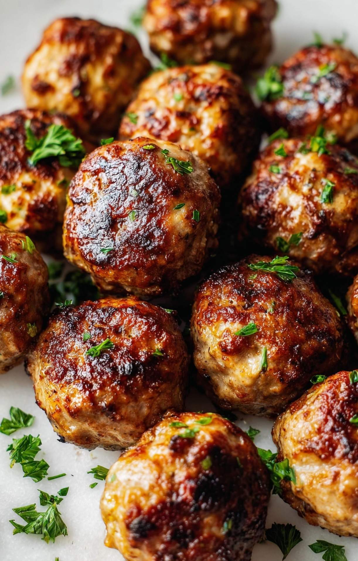 A macro shot of juicy, browned chicken meatballs garnished with freshly chopped parsley.