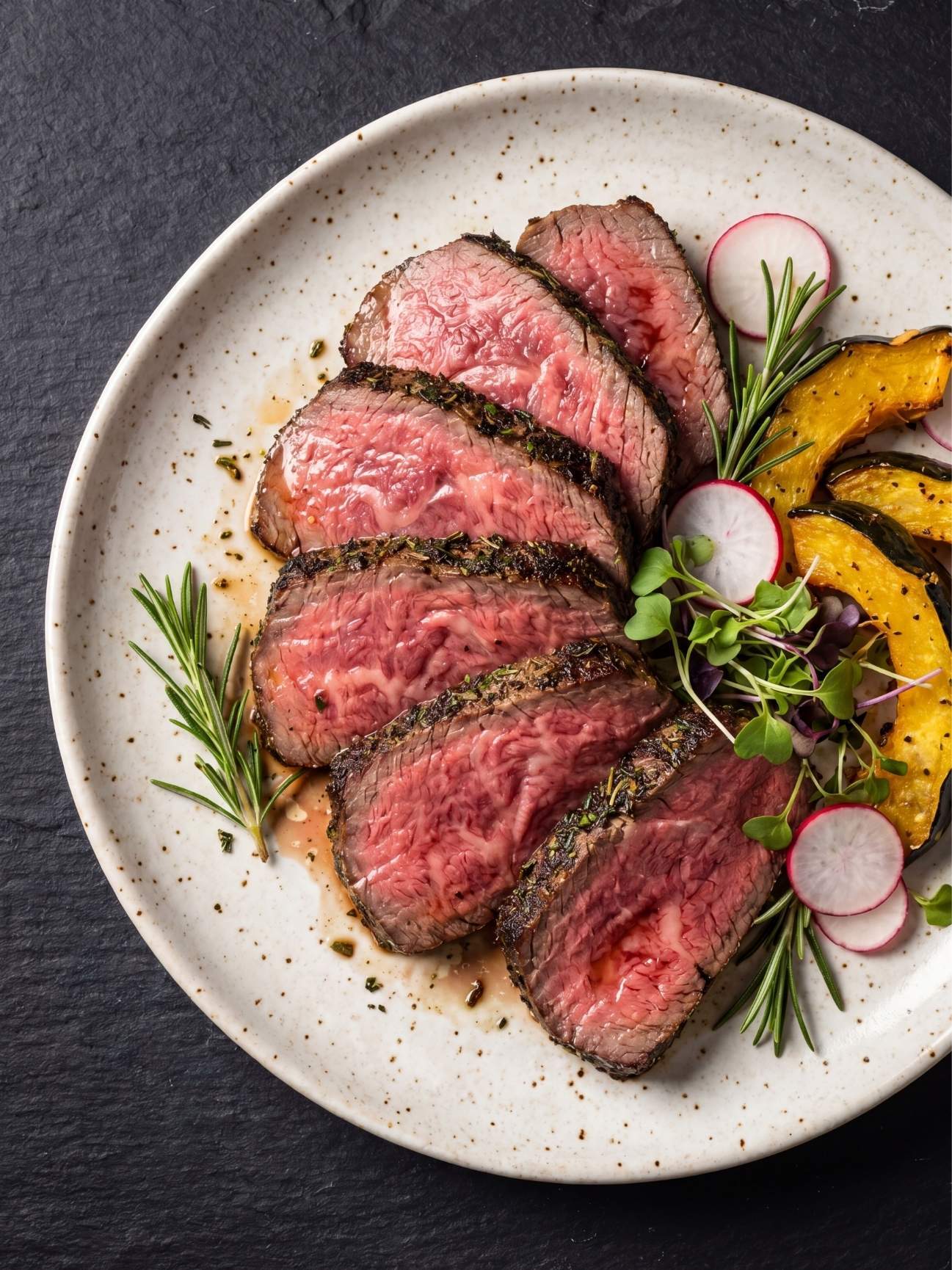 wagyu beef tenderloin recipe close up juicy slices medium rare steak plated