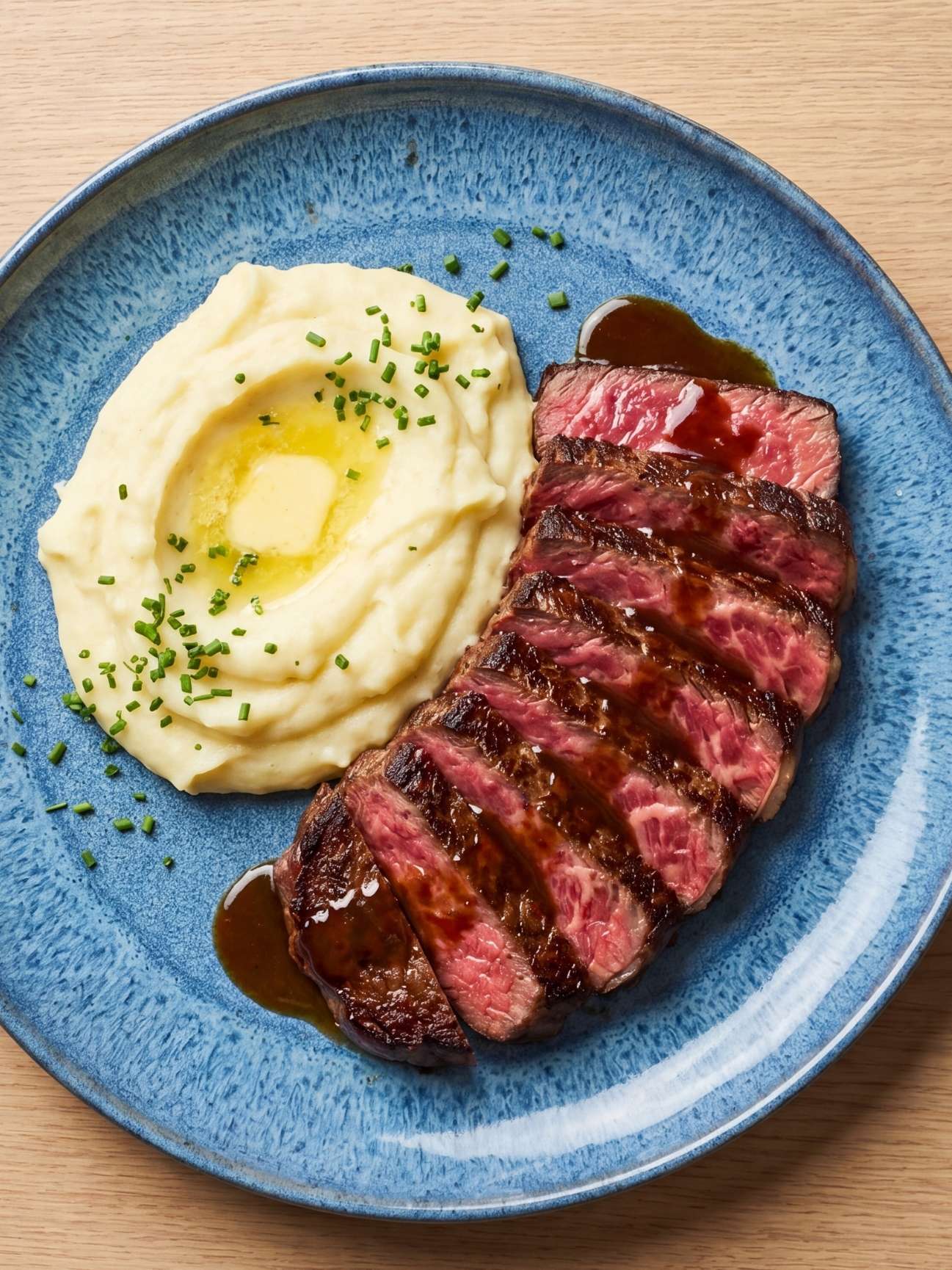 wagyu beef marbling recipe sliced medium rare steak with mashed potatoes and rich sauce
