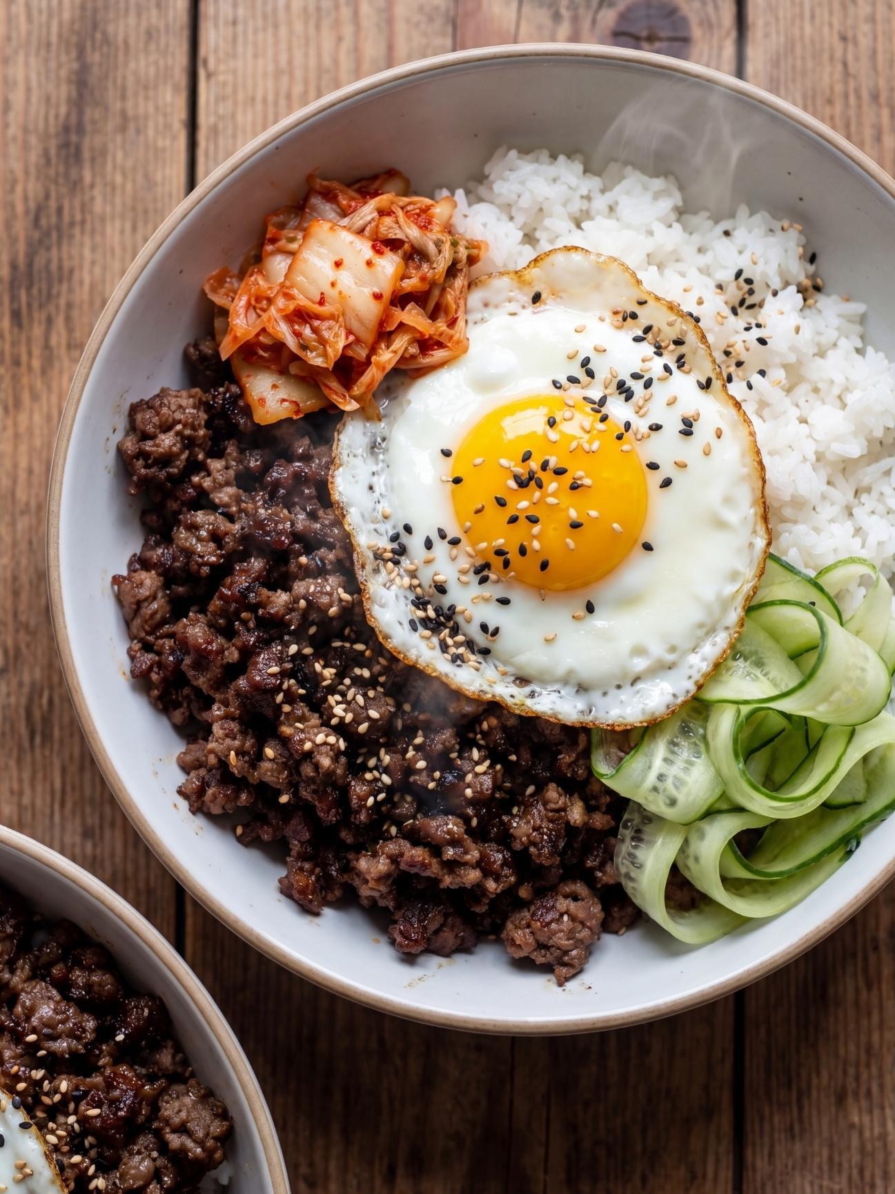 wagyu ground beef recipe bowl with rice fried egg kimchi and sesame seeds