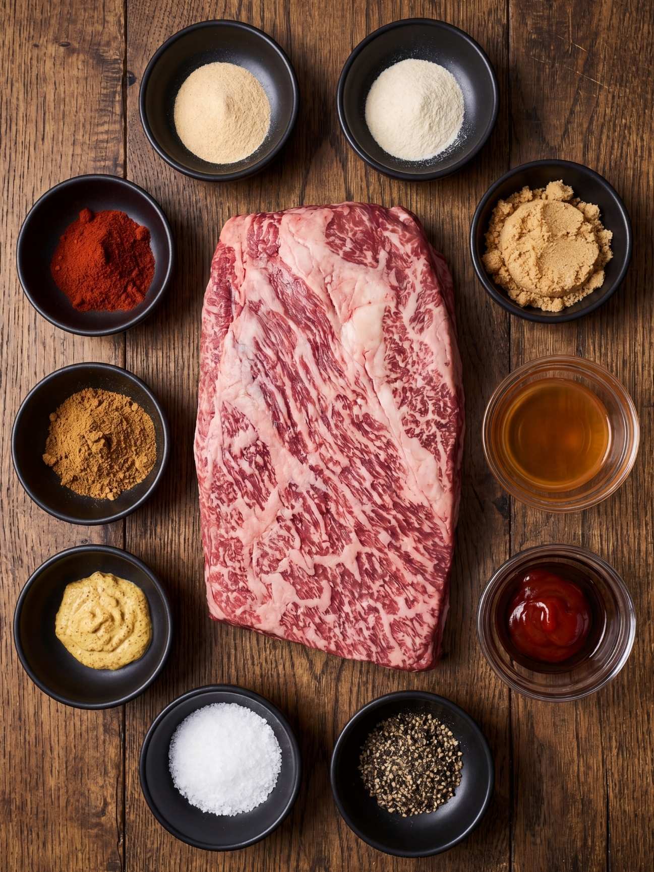 tender wagyu beef brisket recipe ingredients with raw wagyu brisket spices and sauce on wooden table