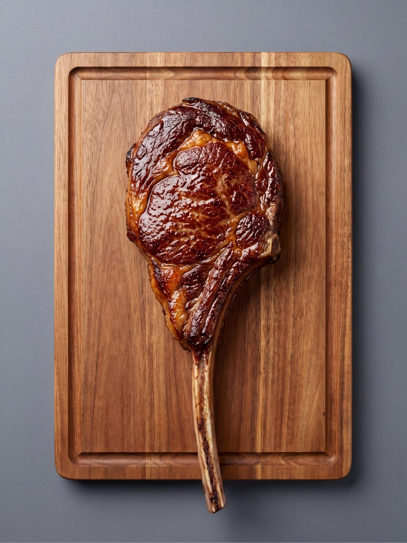 wagyu beef tomahawk steak recipe whole seared steak on wooden board juicy crust gourmet dinner idea
