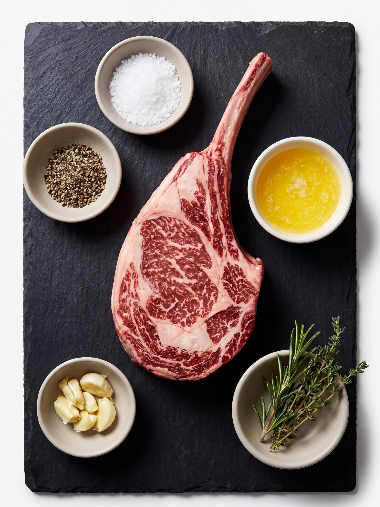 wagyu beef tomahawk steak recipe raw steak with garlic butter salt pepper herbs ingredients