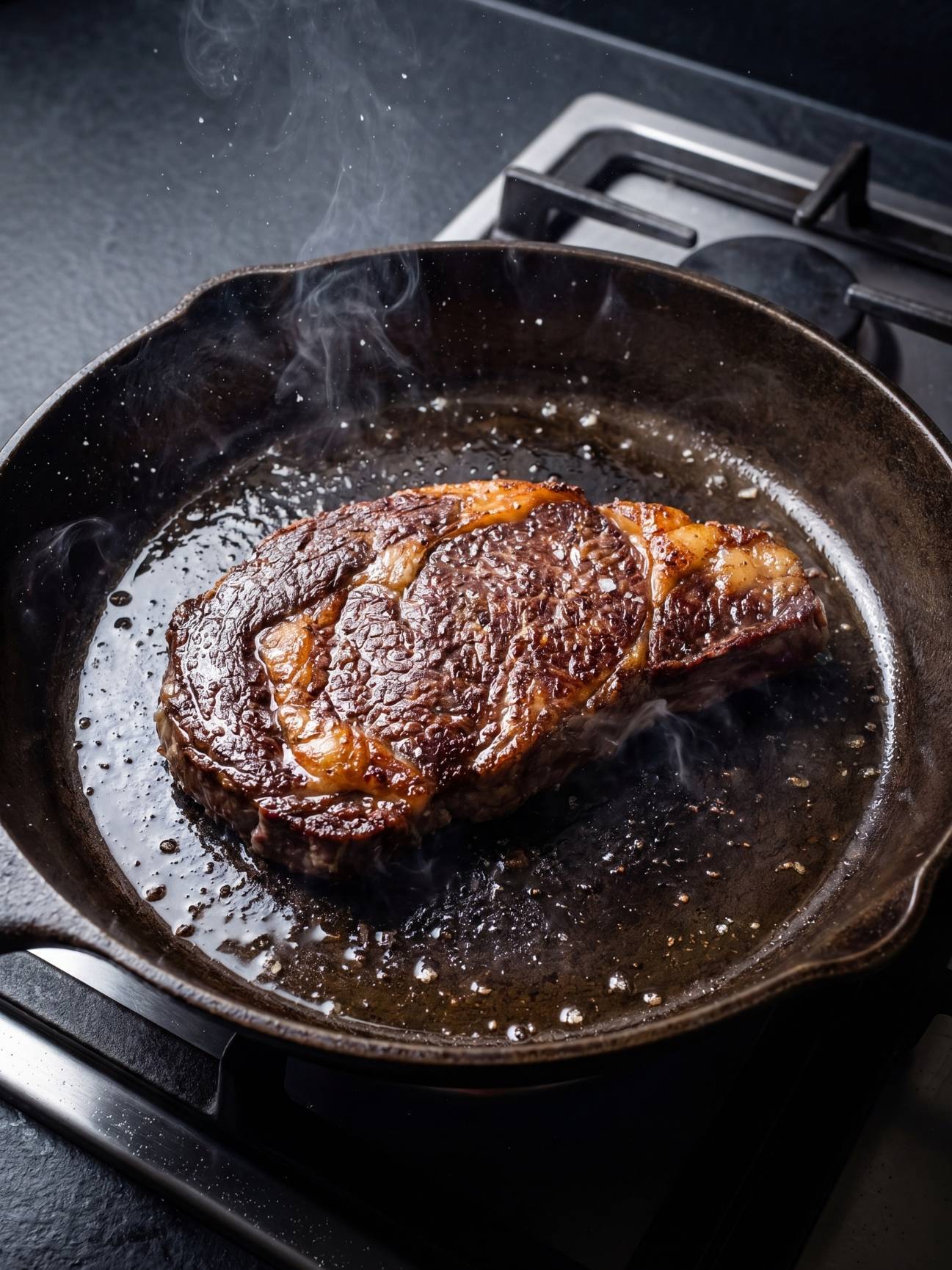 wagyu beef marbling recipe steak searing in hot cast iron pan with butter and juices
