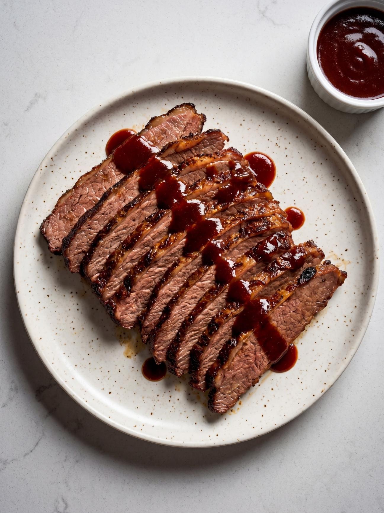 tender wagyu beef brisket recipe sliced brisket with bbq sauce on white plate juicy and tender