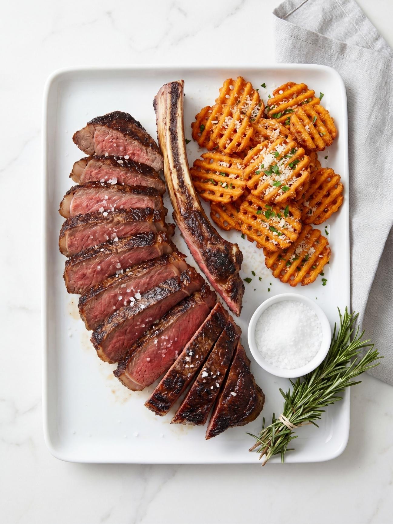 wagyu beef tomahawk steak recipe sliced juicy steak with crispy waffle fries simple dinner idea