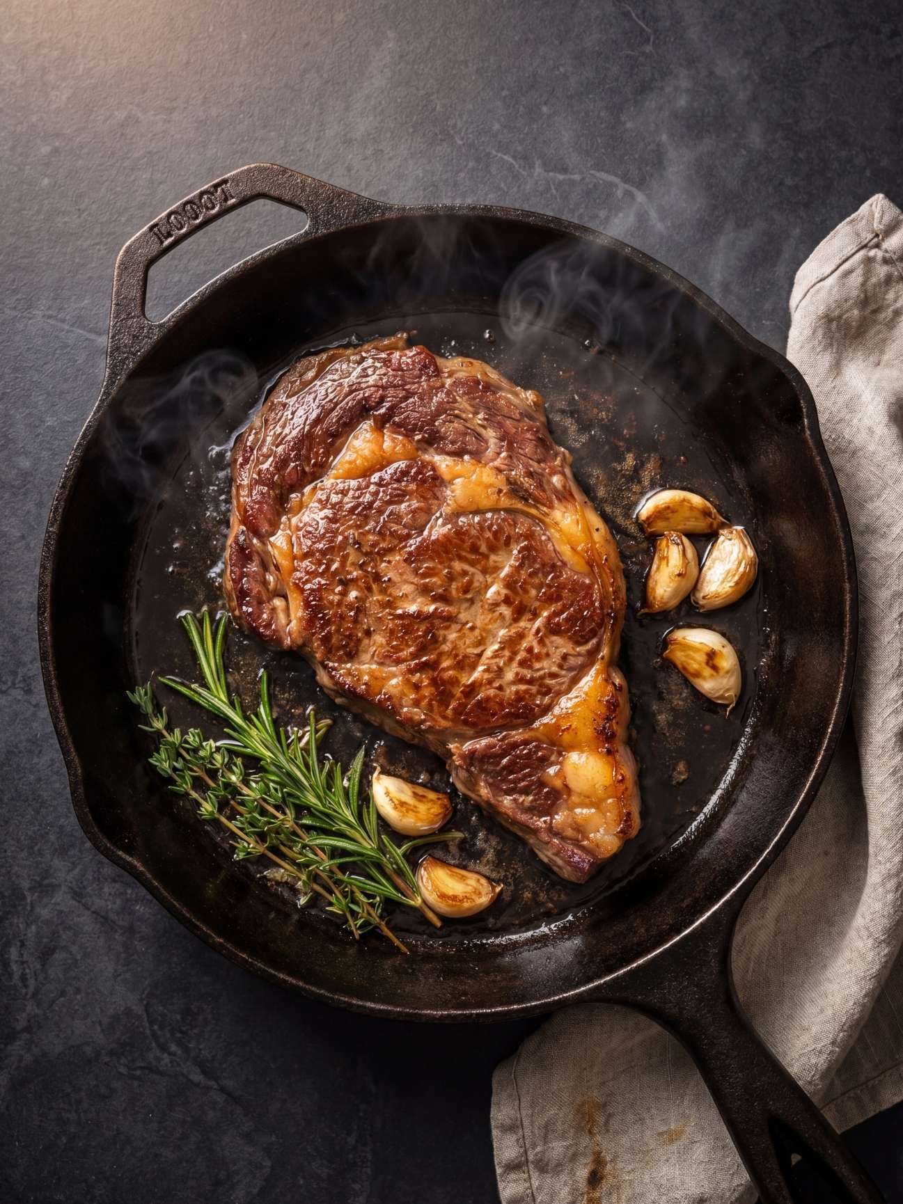 wagyu beef marbling recipe cooking steak in pan with garlic cloves and fresh rosemary