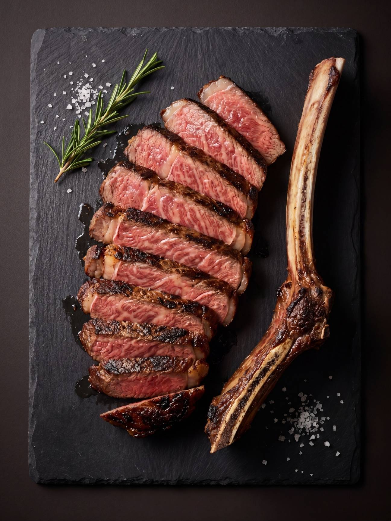 wagyu beef tomahawk steak recipe sliced medium rare steak on board with bone and salt