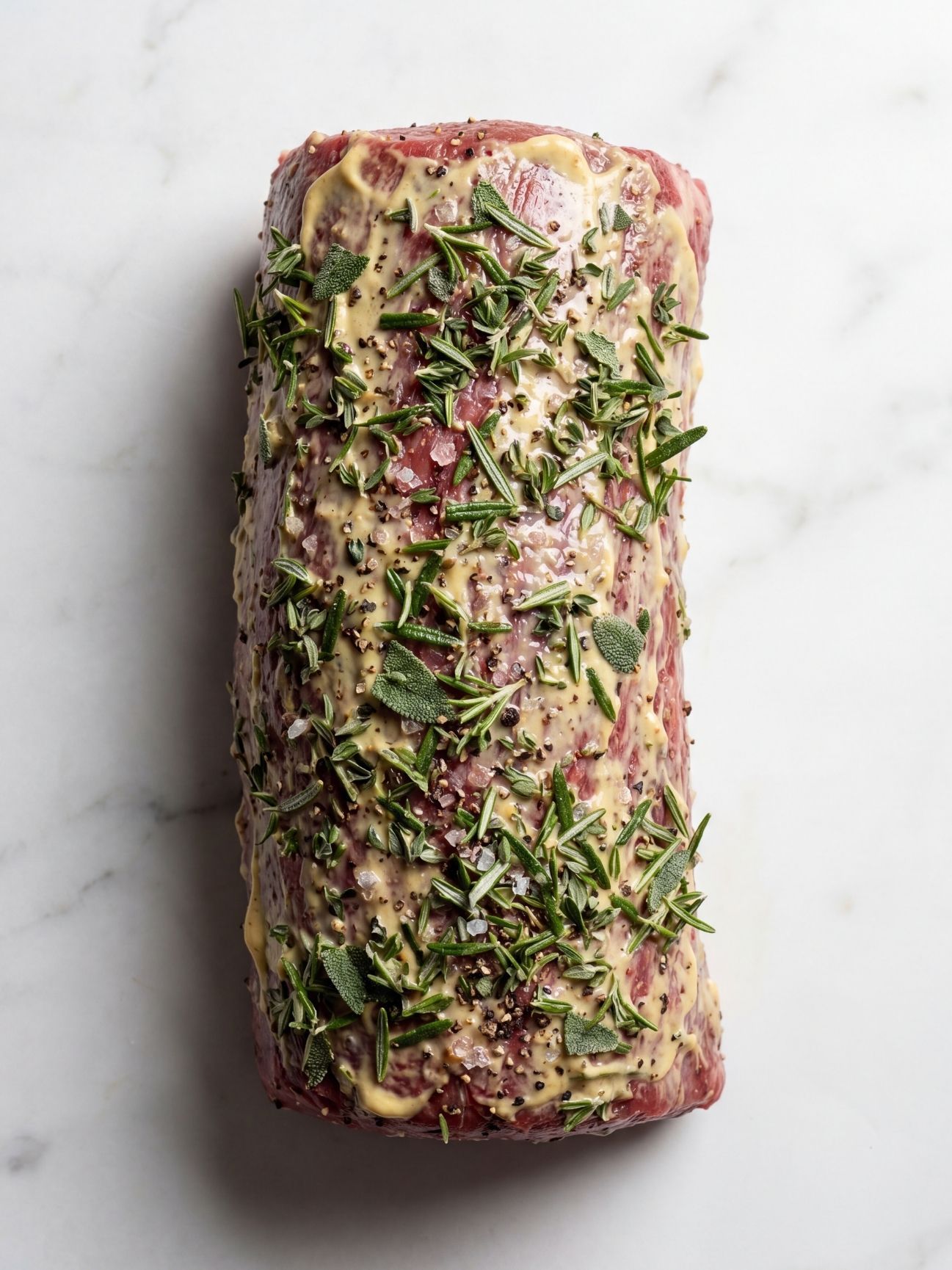 wagyu beef tenderloin recipe raw roast with dijon mustard herbs seasoning prep step