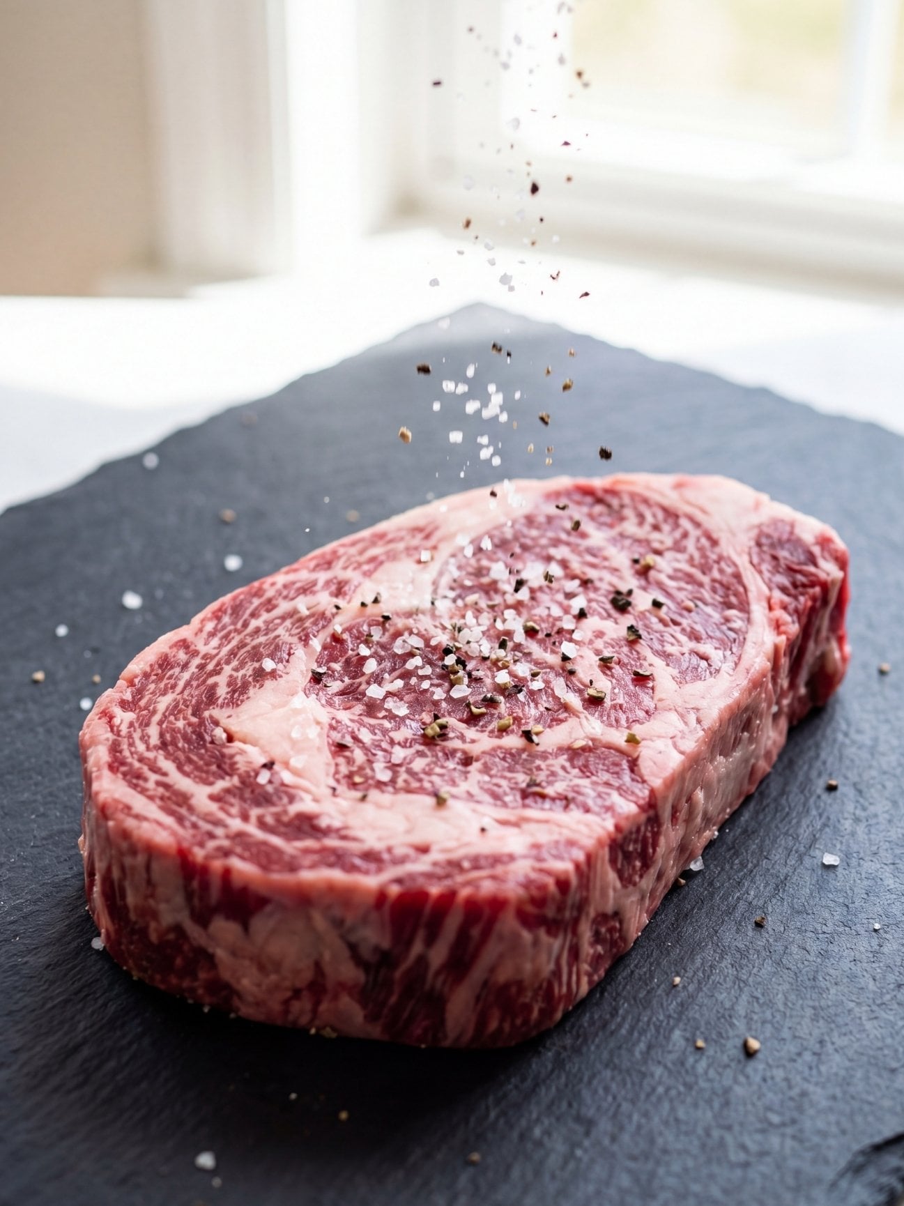 raw wagyu beef marbling recipe steak with salt and pepper seasoning on dark board