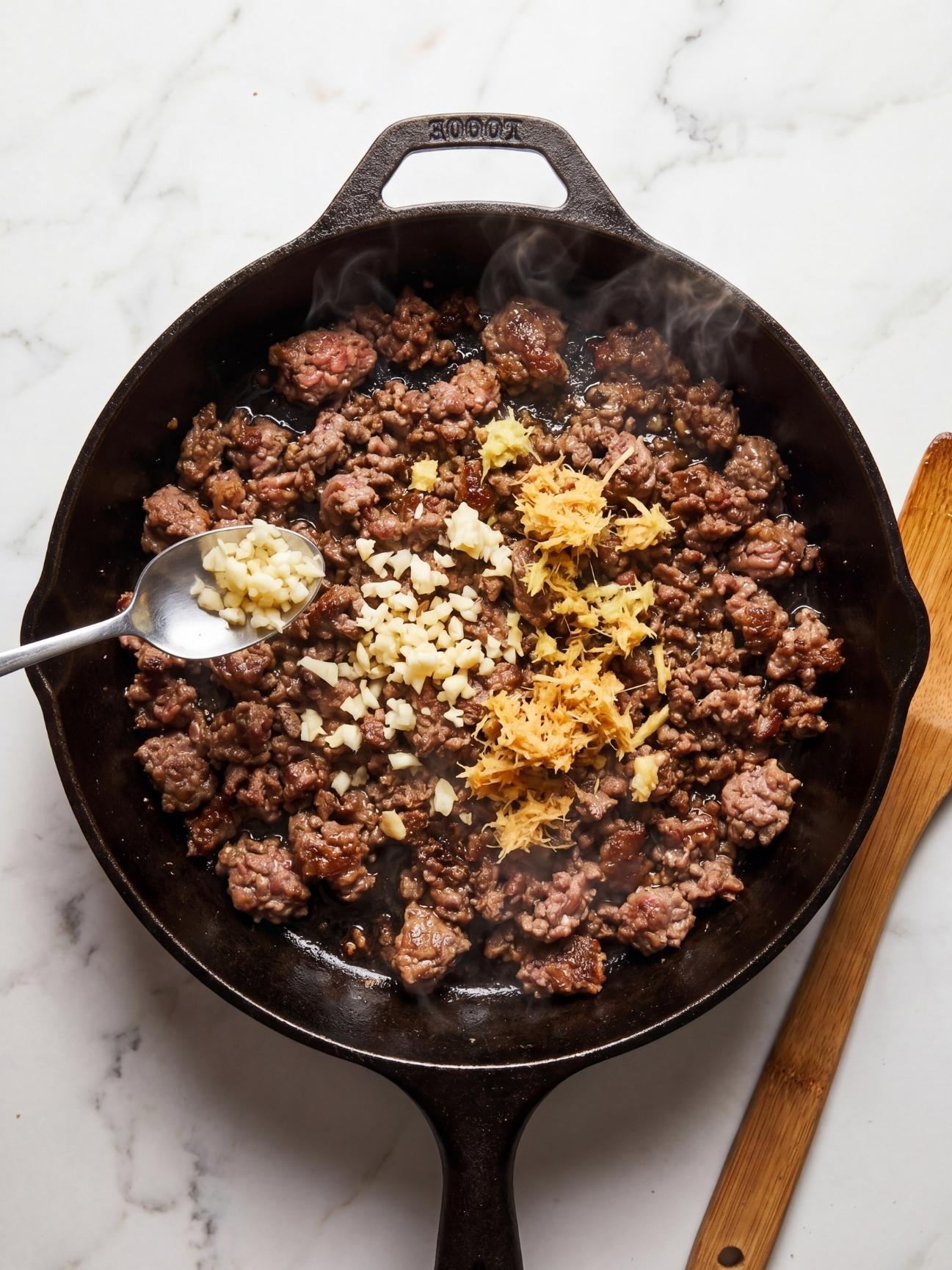 wagyu ground beef recipe step adding garlic and ginger to browned beef in cast iron pan