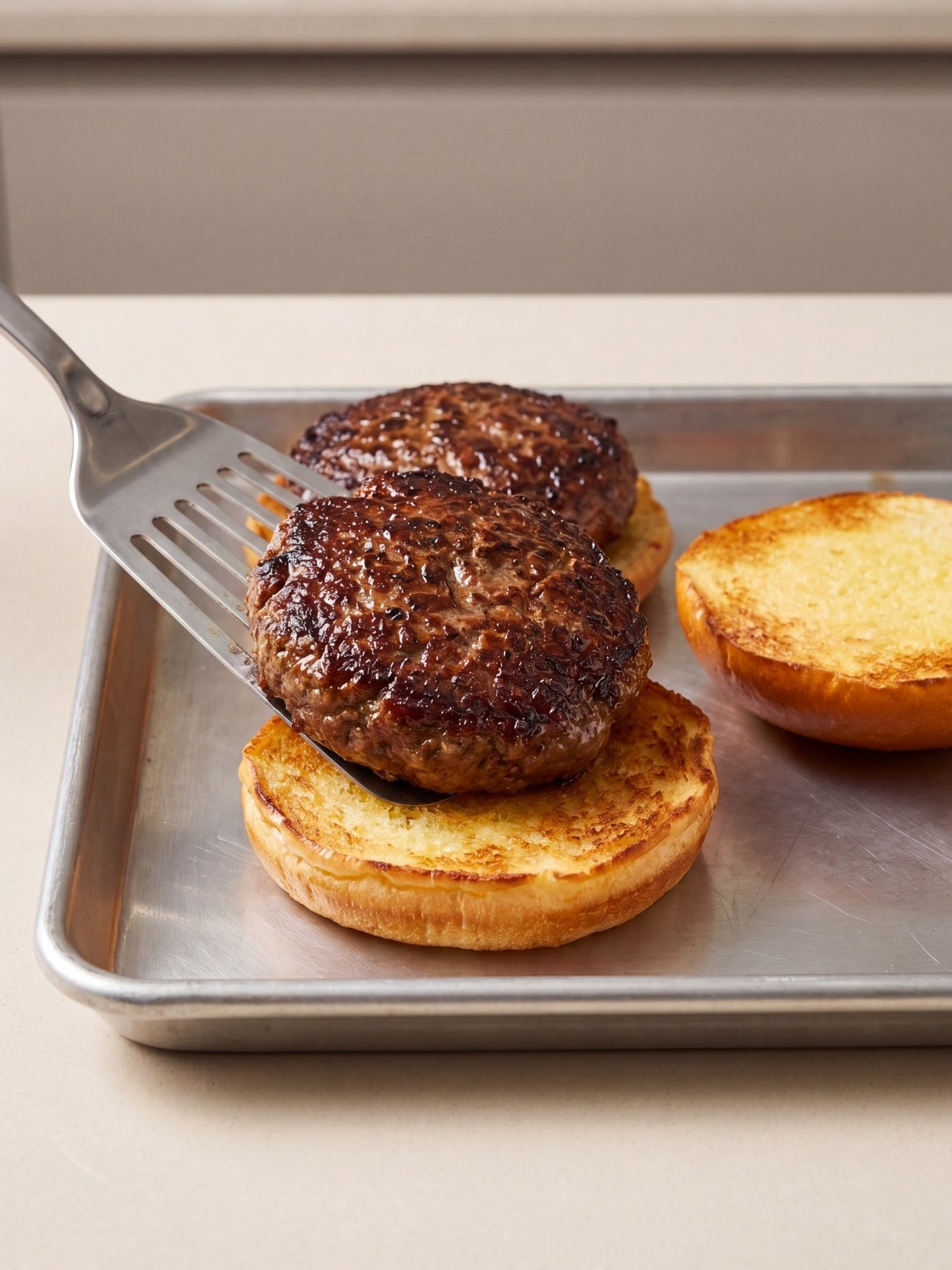 juicy wagyu beef burger patties recipe placing cooked patty on toasted bun