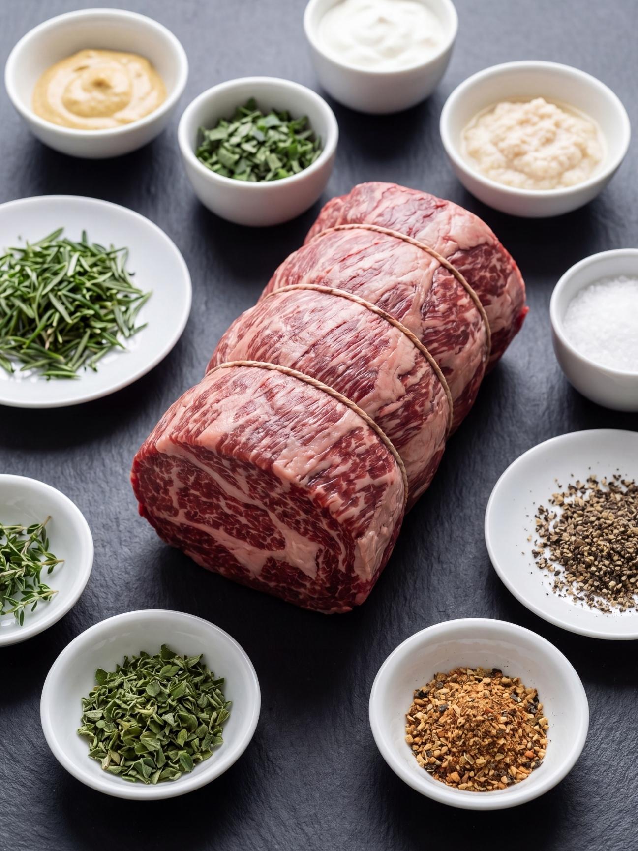wagyu beef tenderloin recipe ingredients herbs spices raw beef ready for cooking