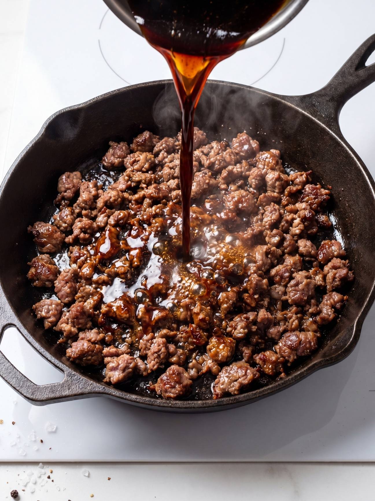 wagyu ground beef recipe sauce being poured over cooked ground beef in hot skillet