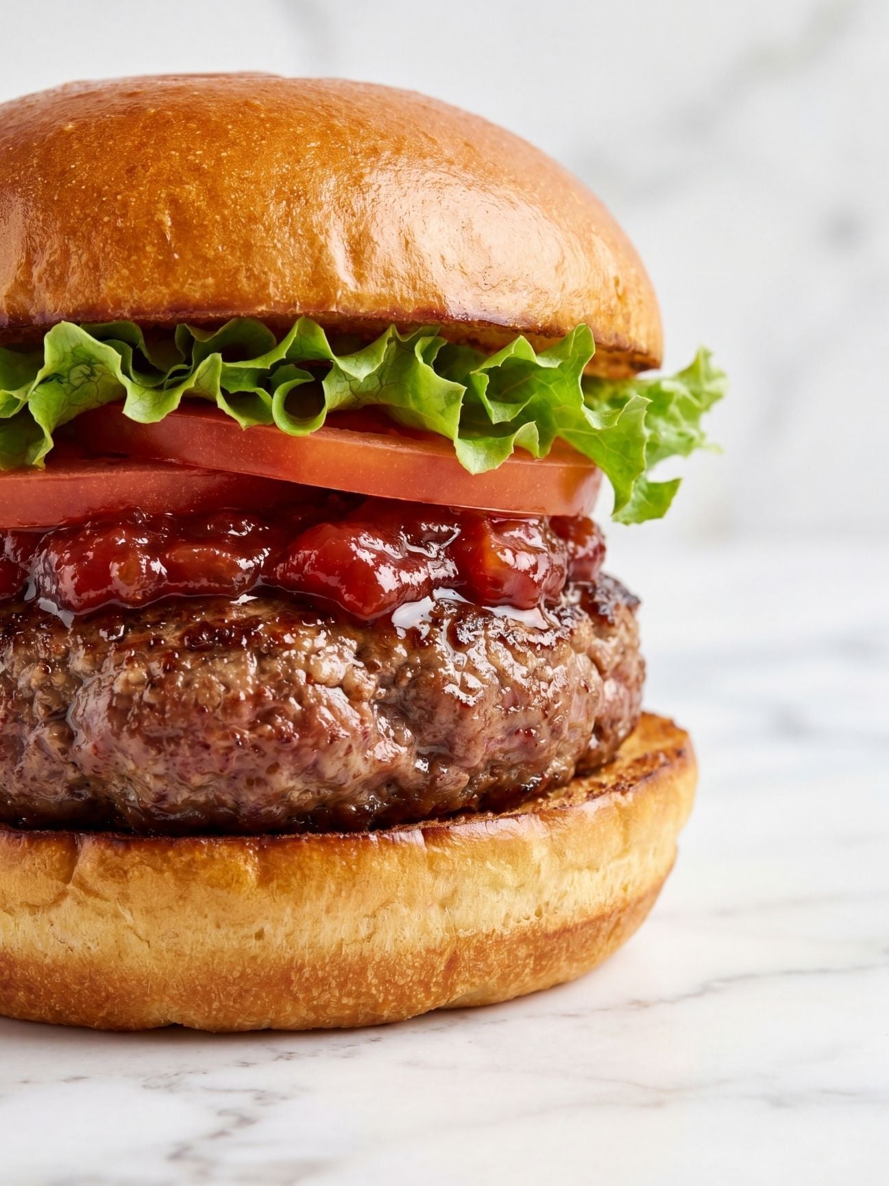 juicy wagyu beef burger patties recipe close up of burger with sauce lettuce and tomato