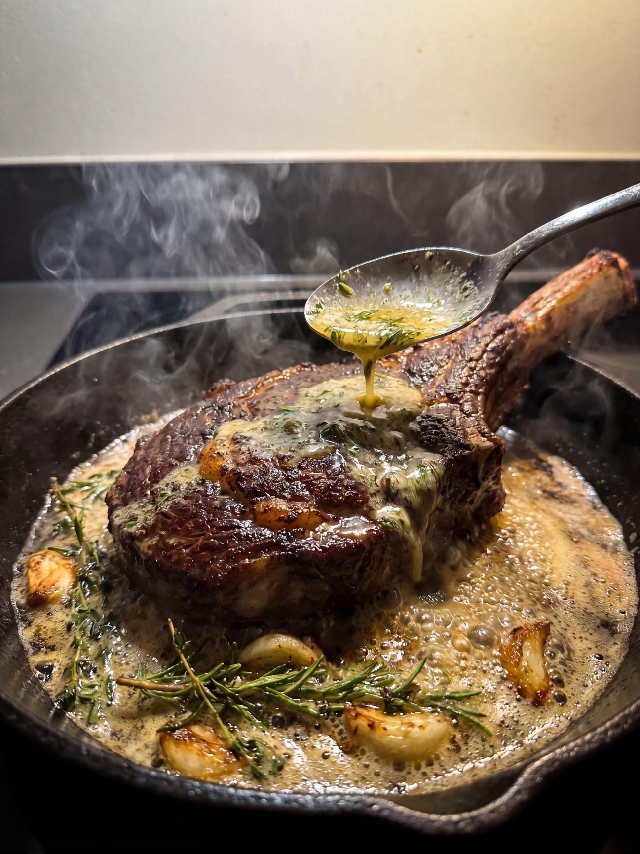wagyu beef tomahawk steak recipe searing steak in pan with garlic butter and herbs step