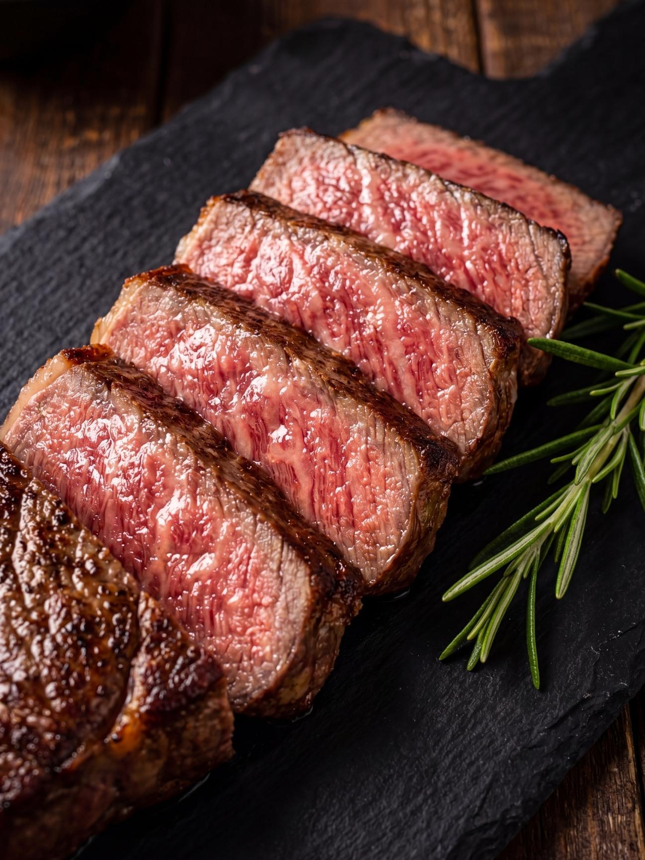 wagyu beef marbling recipe sliced steak showing rich marbling served with fresh rosemary