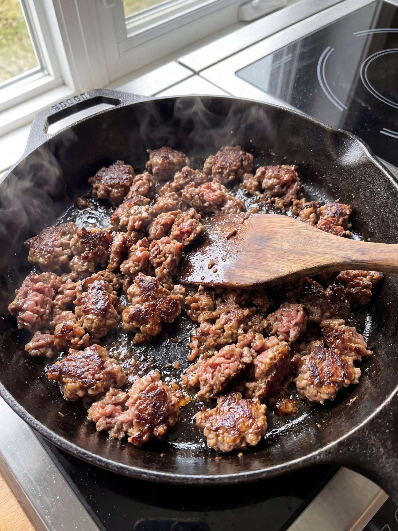 wagyu ground beef recipe browning ground beef in skillet with wooden spatula