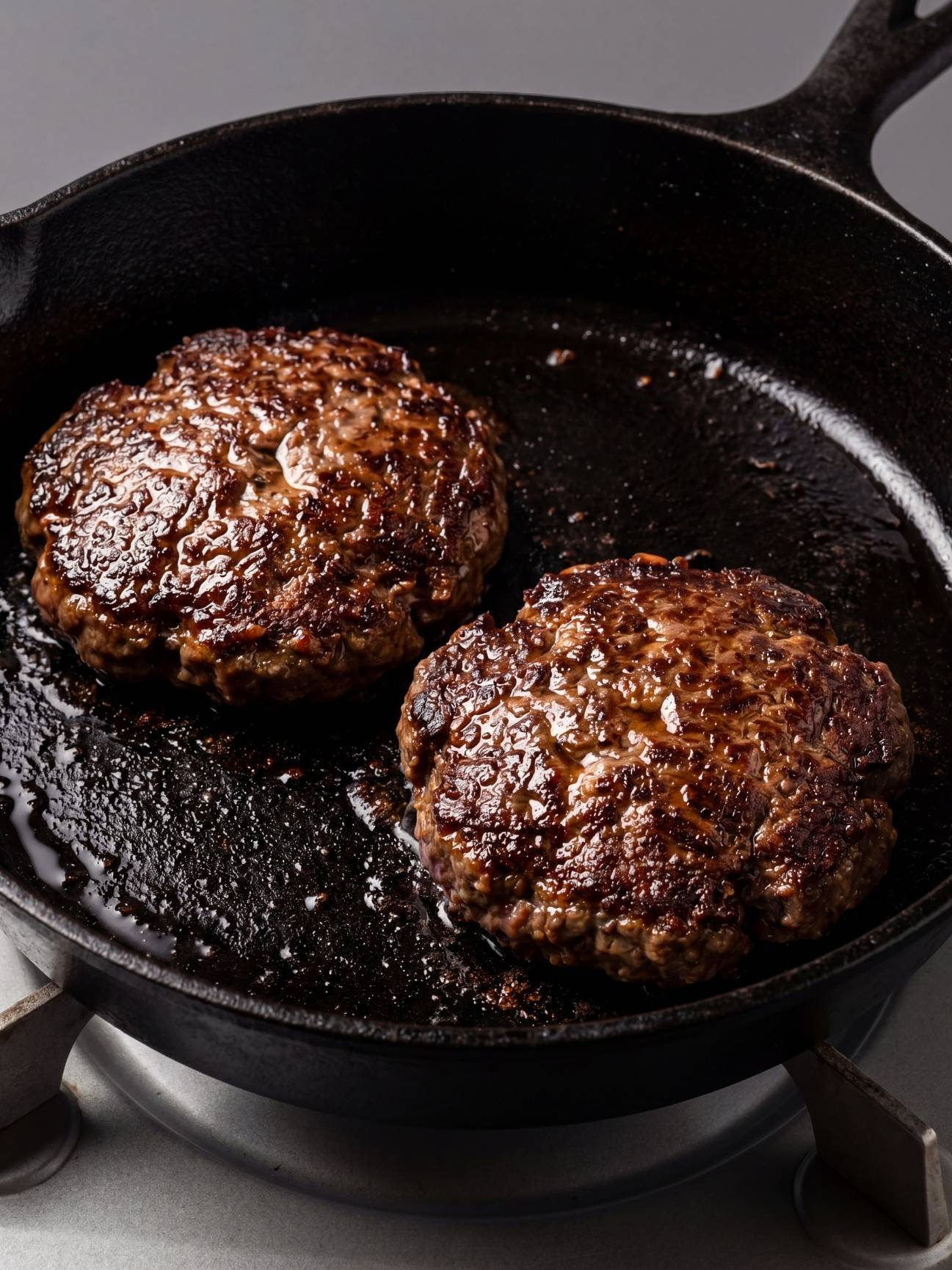 juicy wagyu beef burger patties recipe seared patties cooking in cast iron skillet