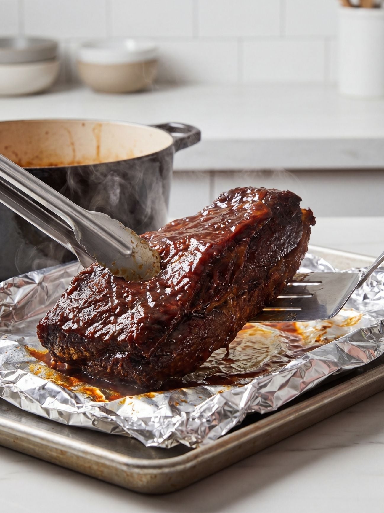 tender wagyu beef brisket recipe lifting cooked brisket from tray with tongs juicy texture