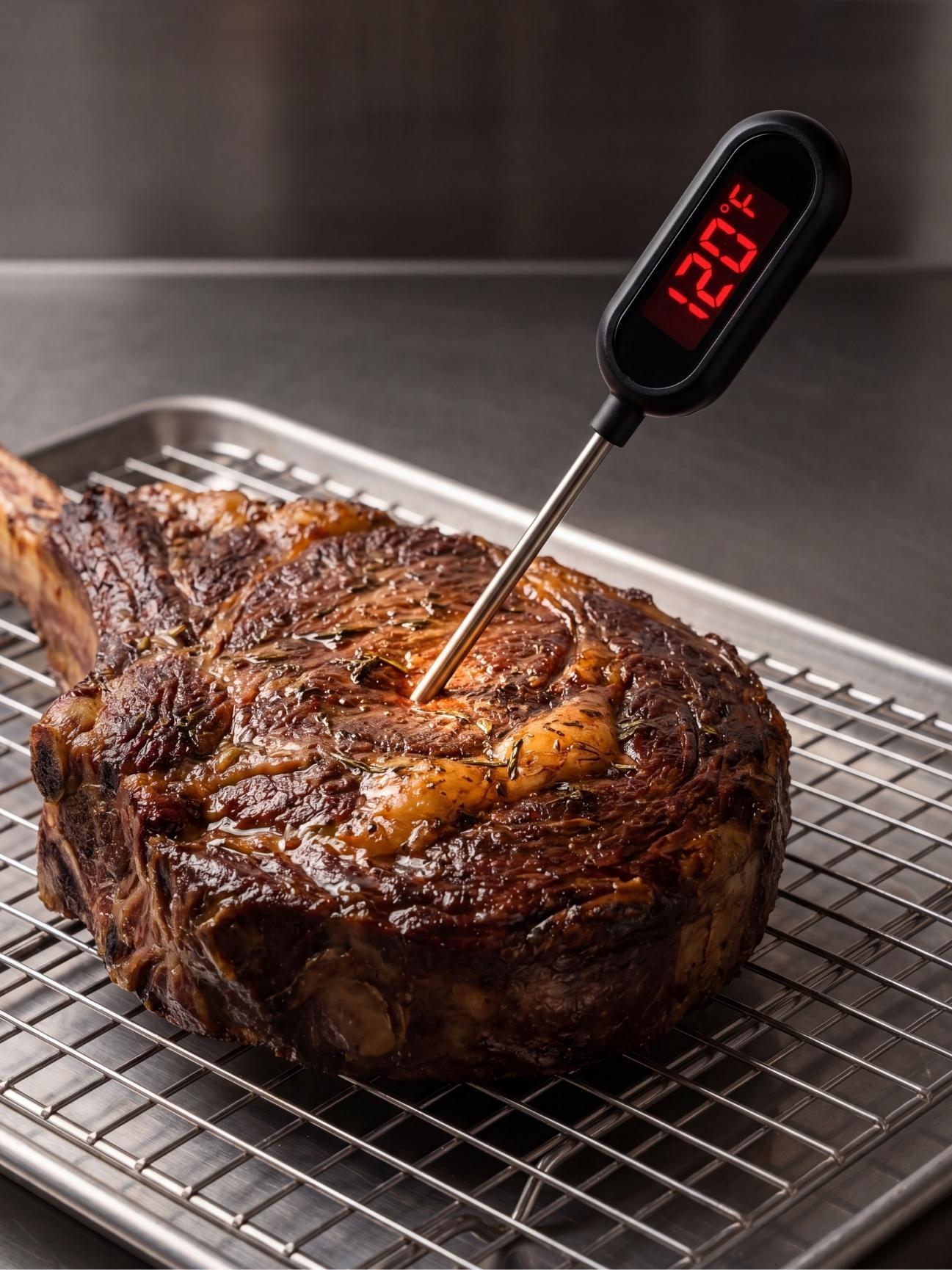 wagyu beef tomahawk steak recipe checking steak temperature with thermometer perfect doneness