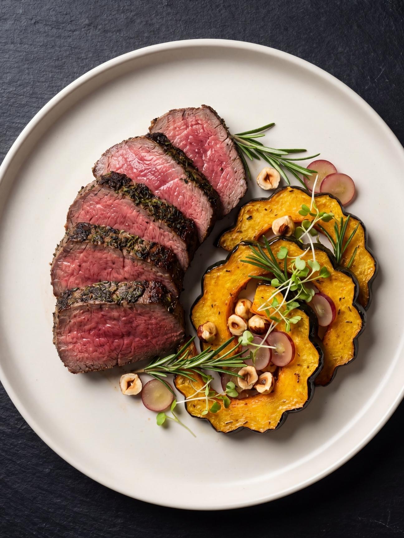 wagyu beef tenderloin recipe sliced medium rare steak with roasted squash and herbs plated elegant dinner idea