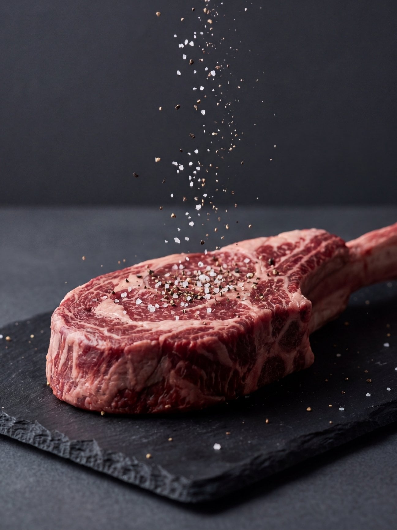 wagyu beef tomahawk steak recipe raw marbled steak with salt and pepper prep step