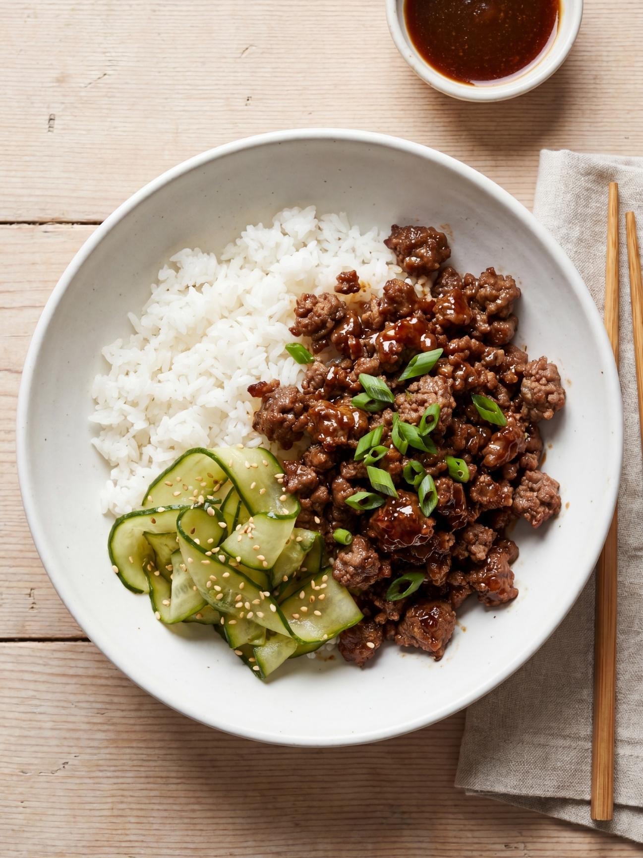 wagyu ground beef recipe served over rice with cucumber slices and green onions