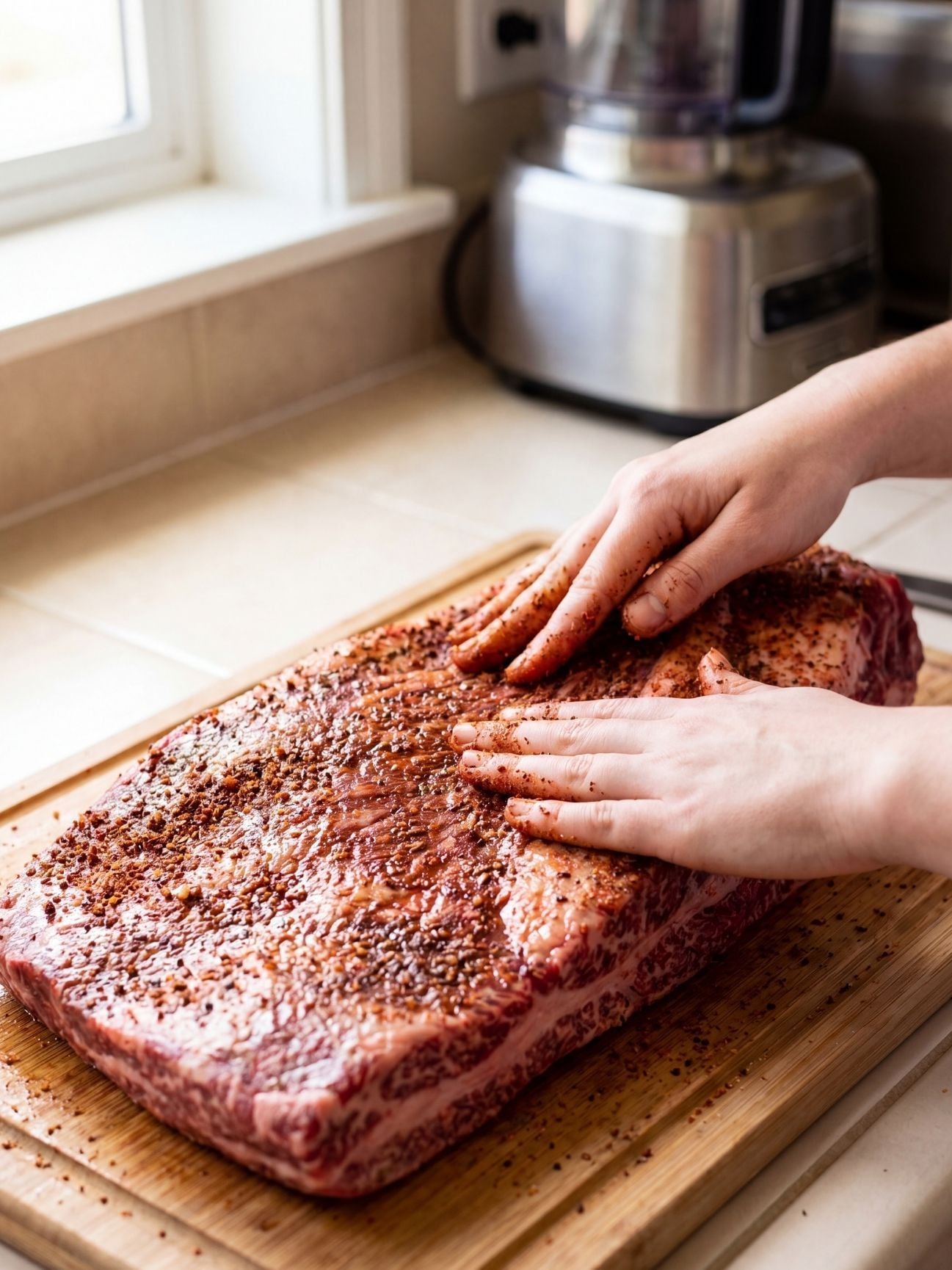 tender wagyu beef brisket recipe rubbing dry seasoning on raw wagyu brisket for flavor