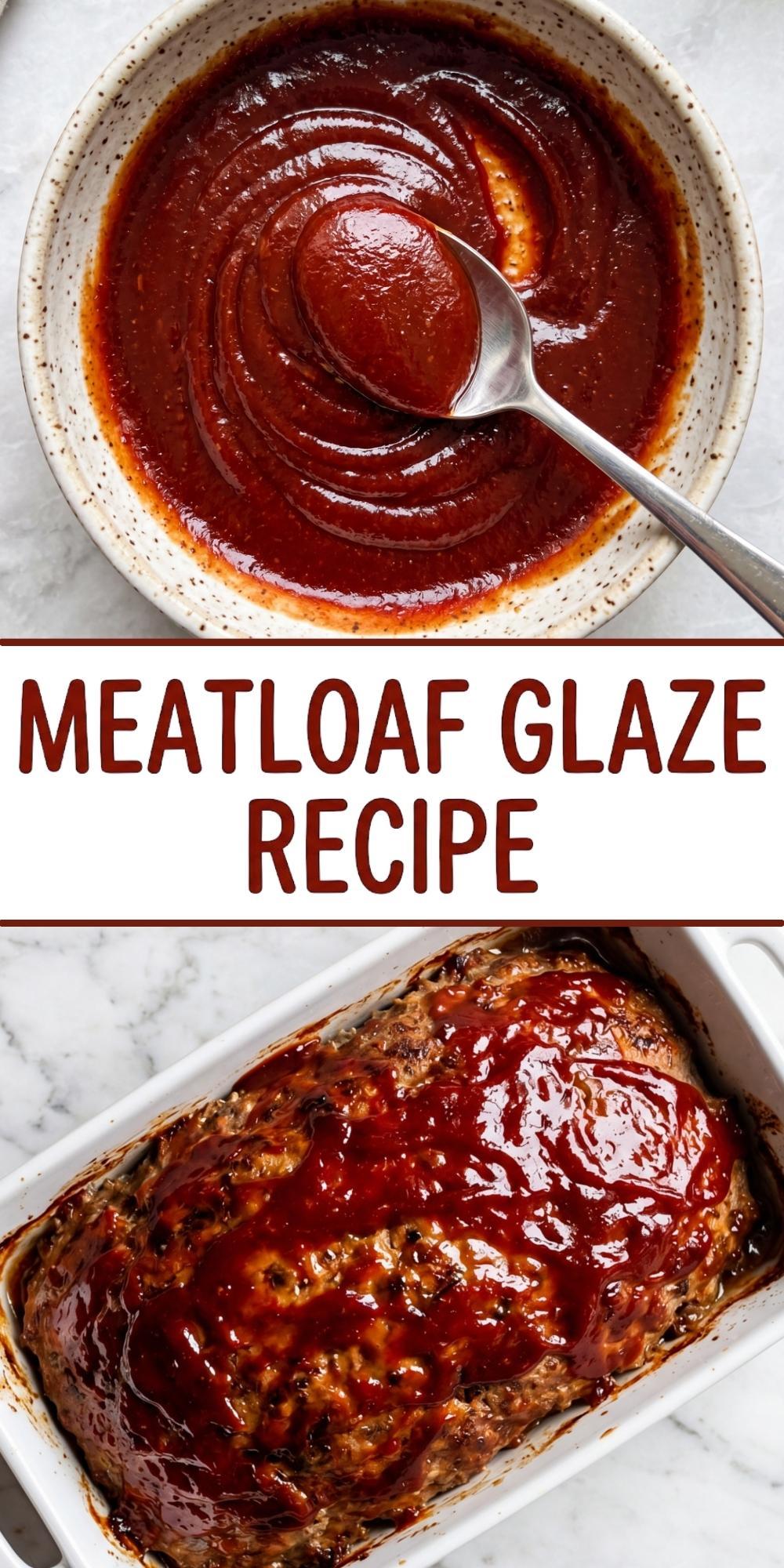 A vertical graphic featuring a bowl of sauce and a baked meatloaf with the text "Meatloaf Glaze Recipe."