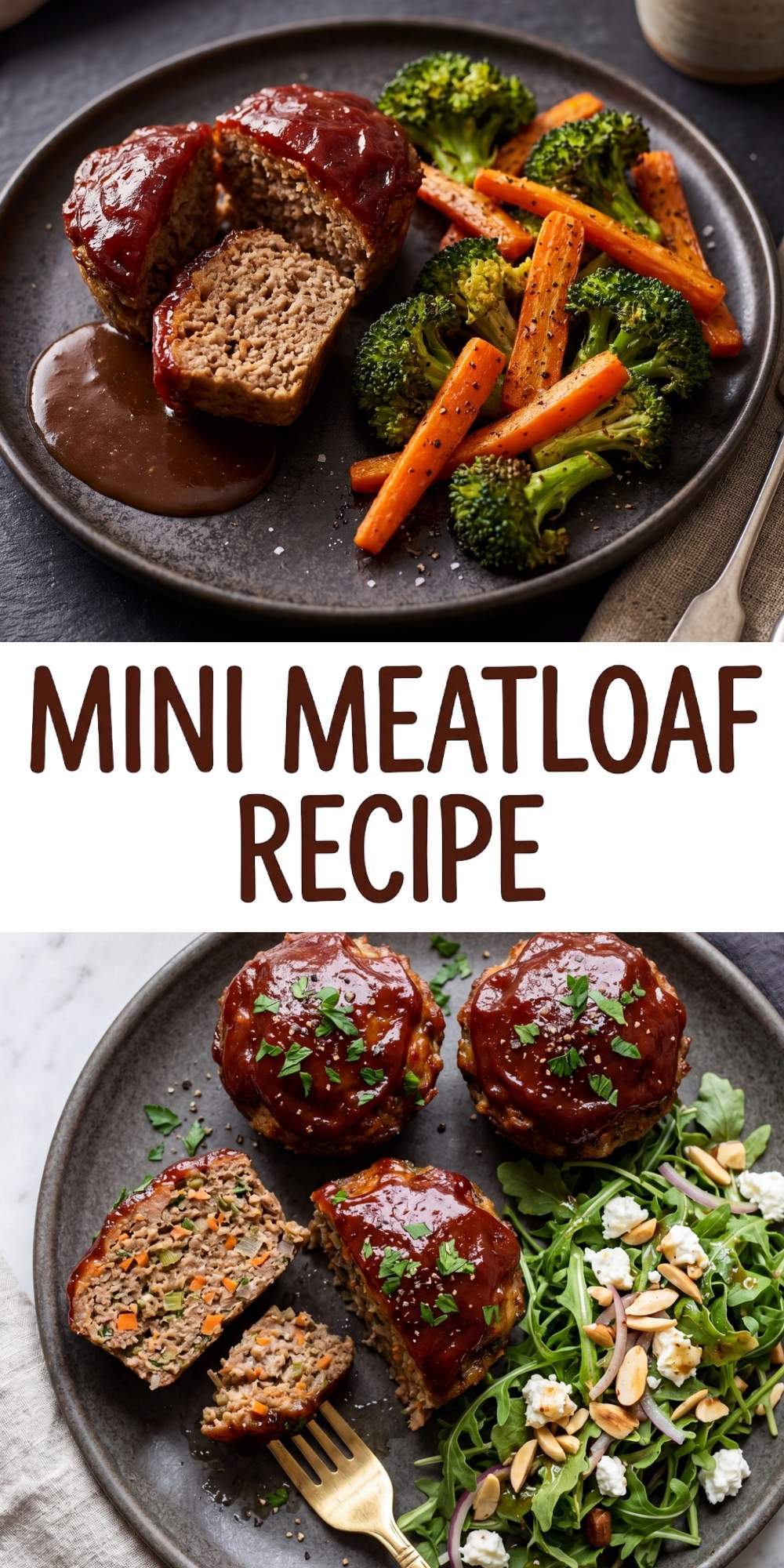 A vertical Pinterest graphic titled "MINI MEATLOAF RECIPE" featuring two photos: a meatloaf served with roasted carrots and broccoli, and a sliced meatloaf with a fresh arugula salad.