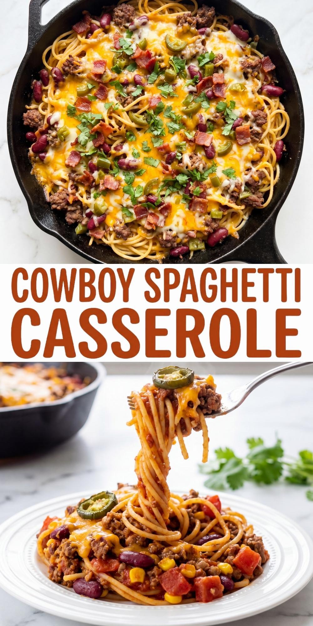 A vertical Pinterest collage featuring a top-down view of a cast iron skillet filled with cheesy cowboy spaghetti and a close-up shot of a fork twirling a bite of the pasta.