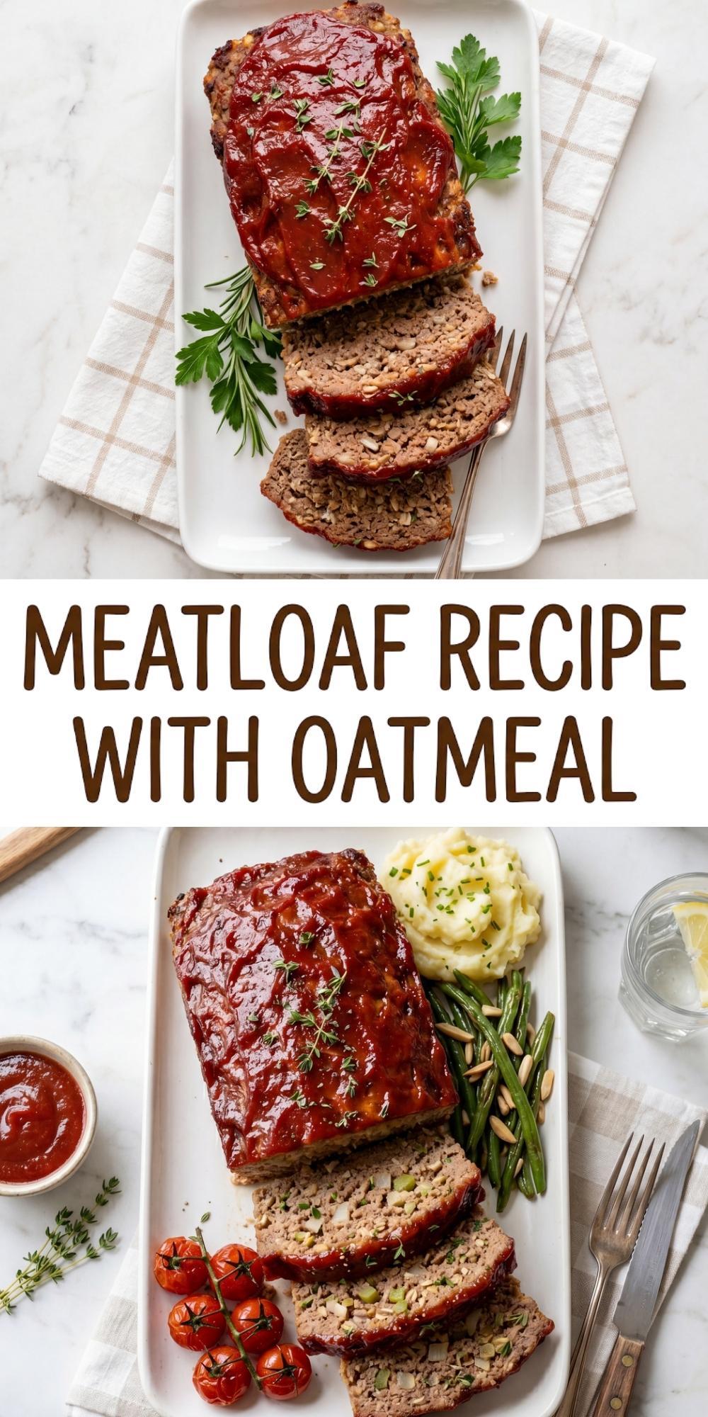 A vertical collage featuring a close-up of sliced meatloaf and a full dinner plate with mashed potatoes and green beans.