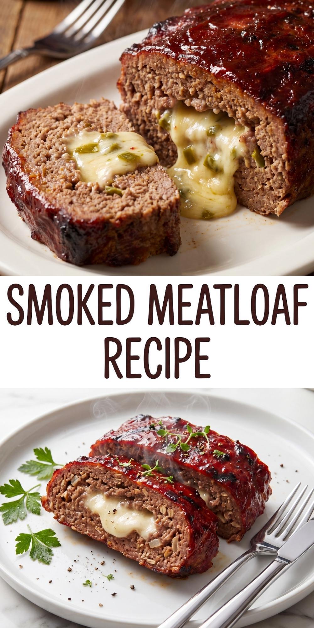 A vertical Pinterest pin graphic showing two views of cheese-stuffed smoked meatloaf with the text "SMOKED MEATLOAF RECIPE" in the center.