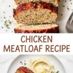 Pinterest graphic with text overlay showing sliced meatloaf and a complete plated meal on a marble background.