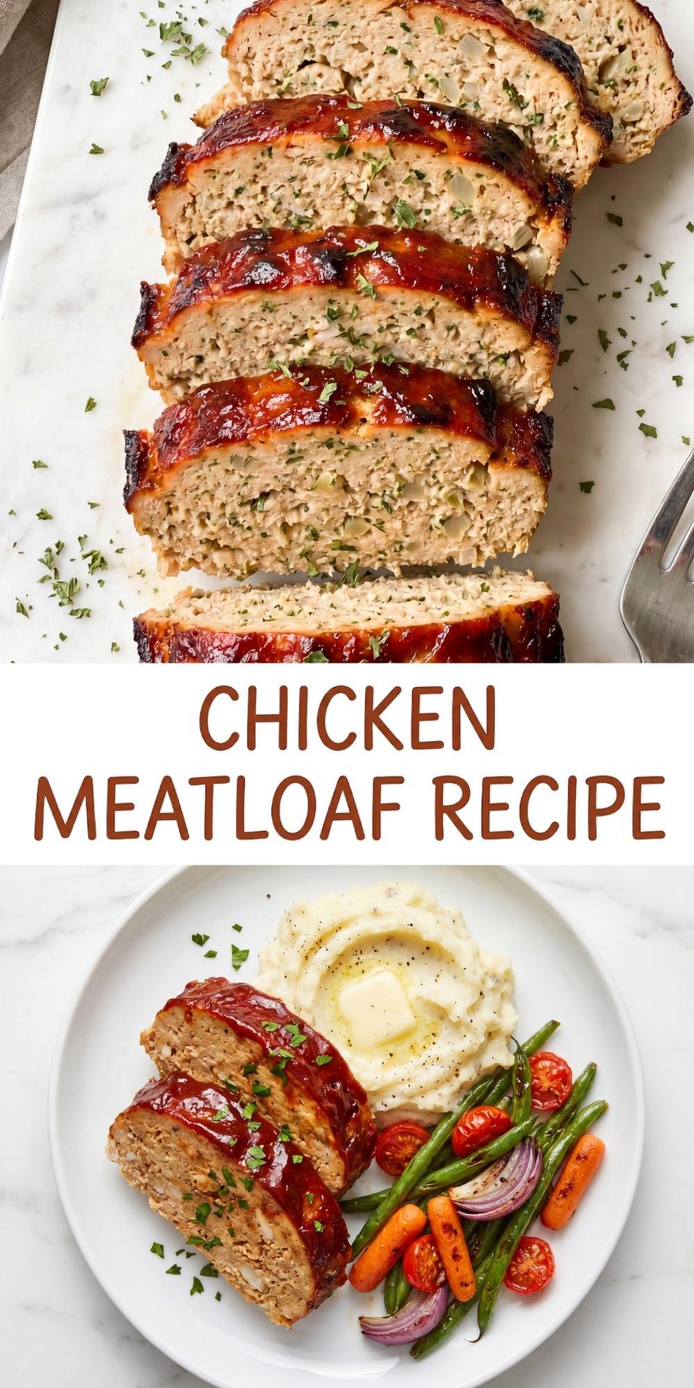 Pinterest graphic with text overlay showing sliced meatloaf and a complete plated meal on a marble background.
