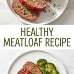 A long vertical Pinterest pin featuring a sliced glazed meatloaf on a white plate at the top and a plated meal with roasted vegetables at the bottom.