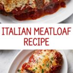 A long, steaming Italian meatloaf sliced on a white platter, topped with marinara sauce, melted mozzarella, and toasted breadcrumbs.