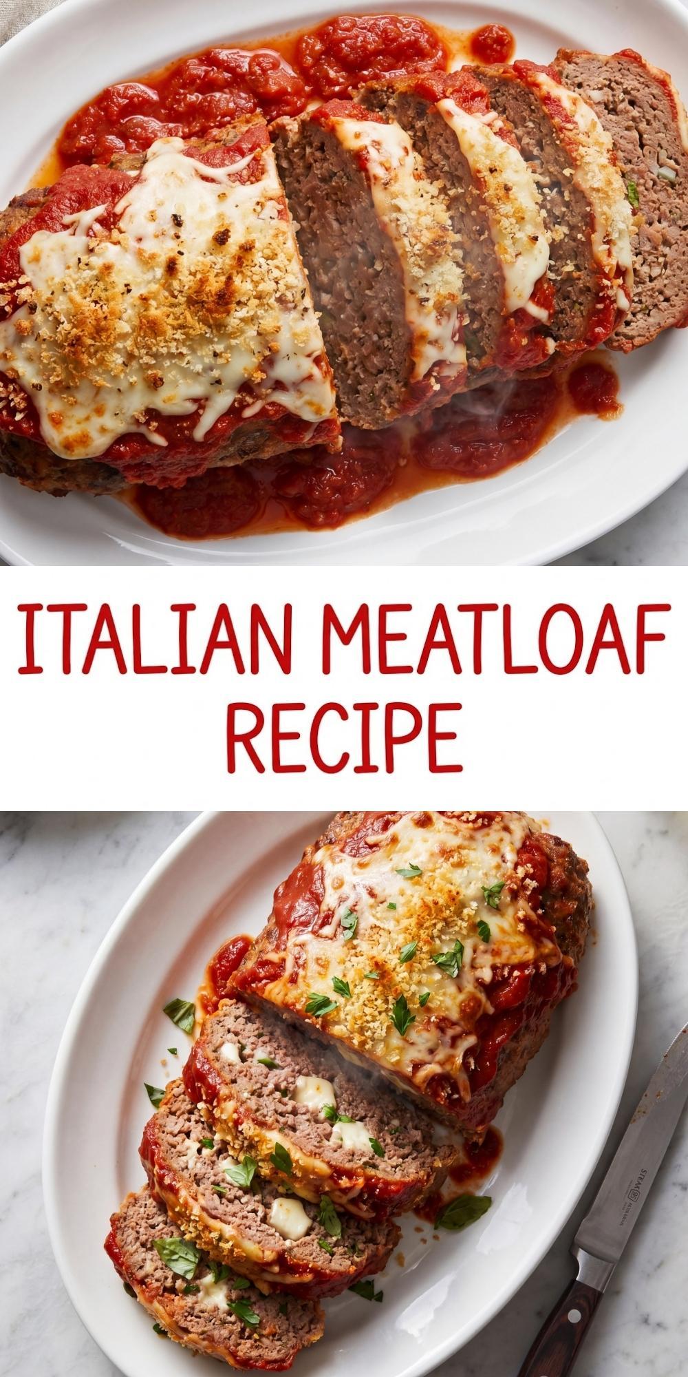 A long, steaming Italian meatloaf sliced on a white platter, topped with marinara sauce, melted mozzarella, and toasted breadcrumbs.