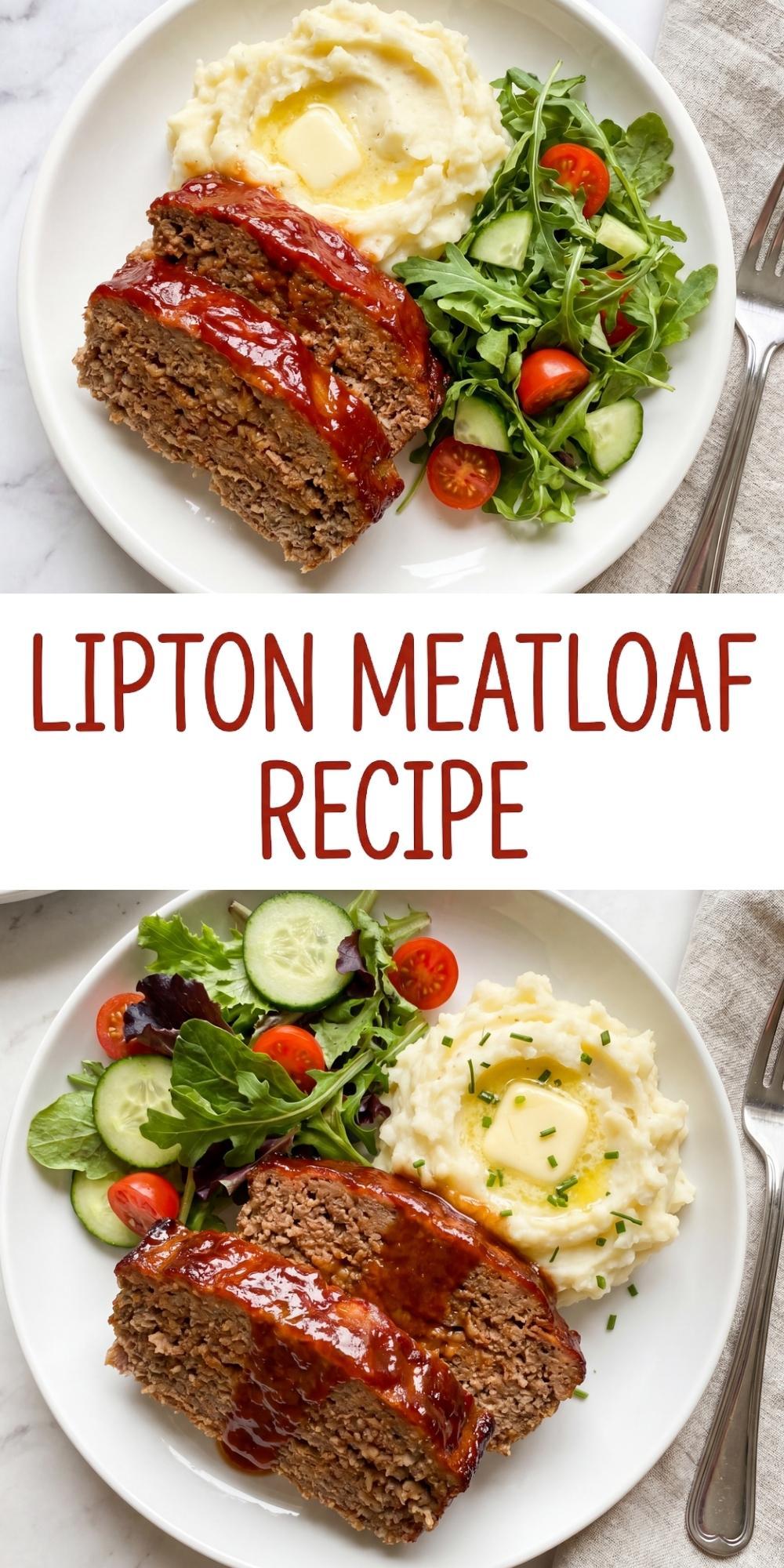 A Pinterest graphic titled "Lipton Meatloaf Recipe" featuring two overhead views of sliced meatloaf glazed in tomato sauce, served alongside buttery mashed potatoes and a fresh green salad with cherry tomatoes.