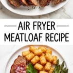 A collage showing a sliced meatloaf on a white platter and a plated serving with tater tots and green asparagus.