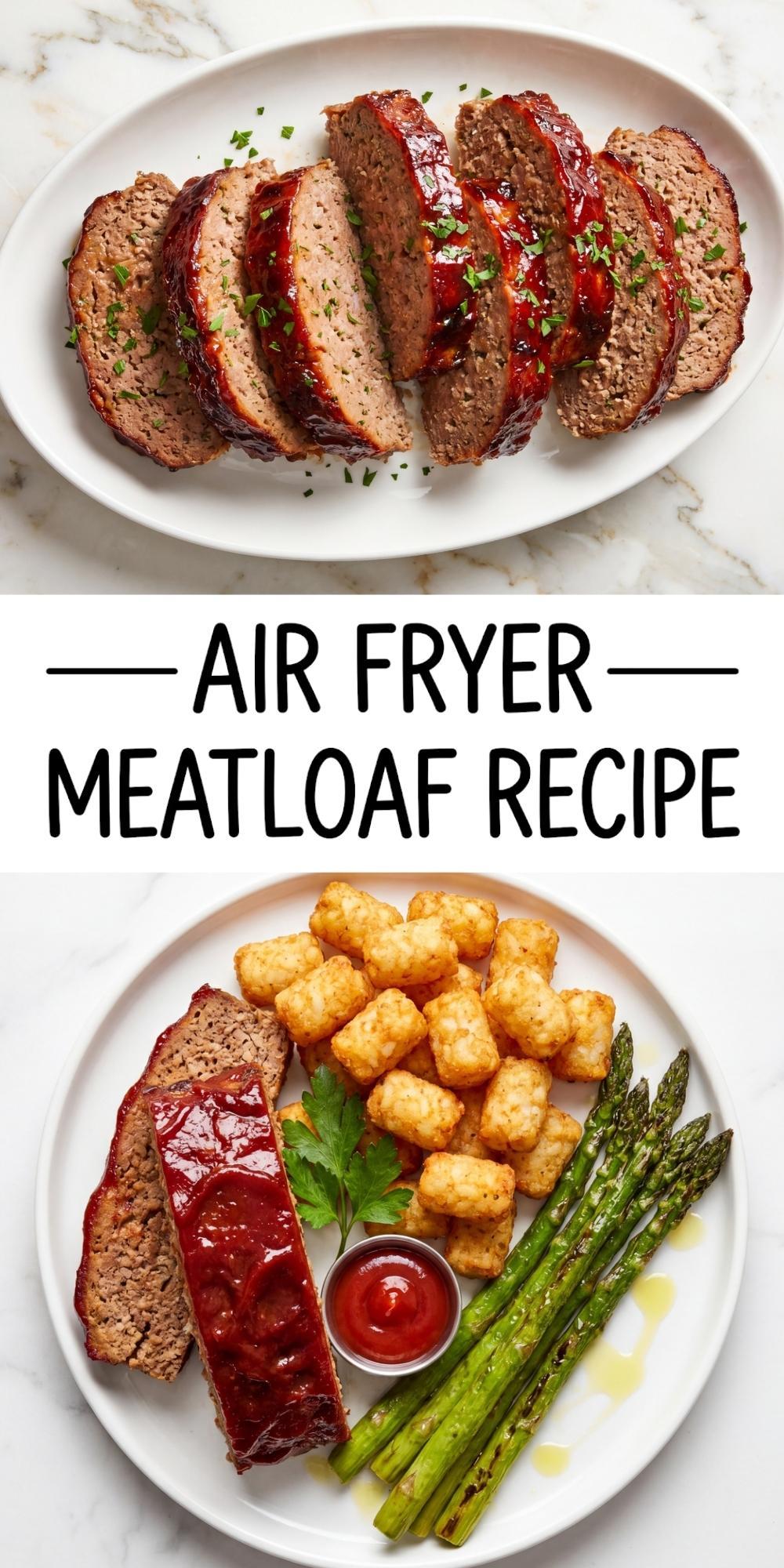 A collage showing a sliced meatloaf on a white platter and a plated serving with tater tots and green asparagus.