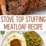 Sliced Stove Top stuffing meatloaf topped with brown gravy on a white plate with mashed potatoes and peas