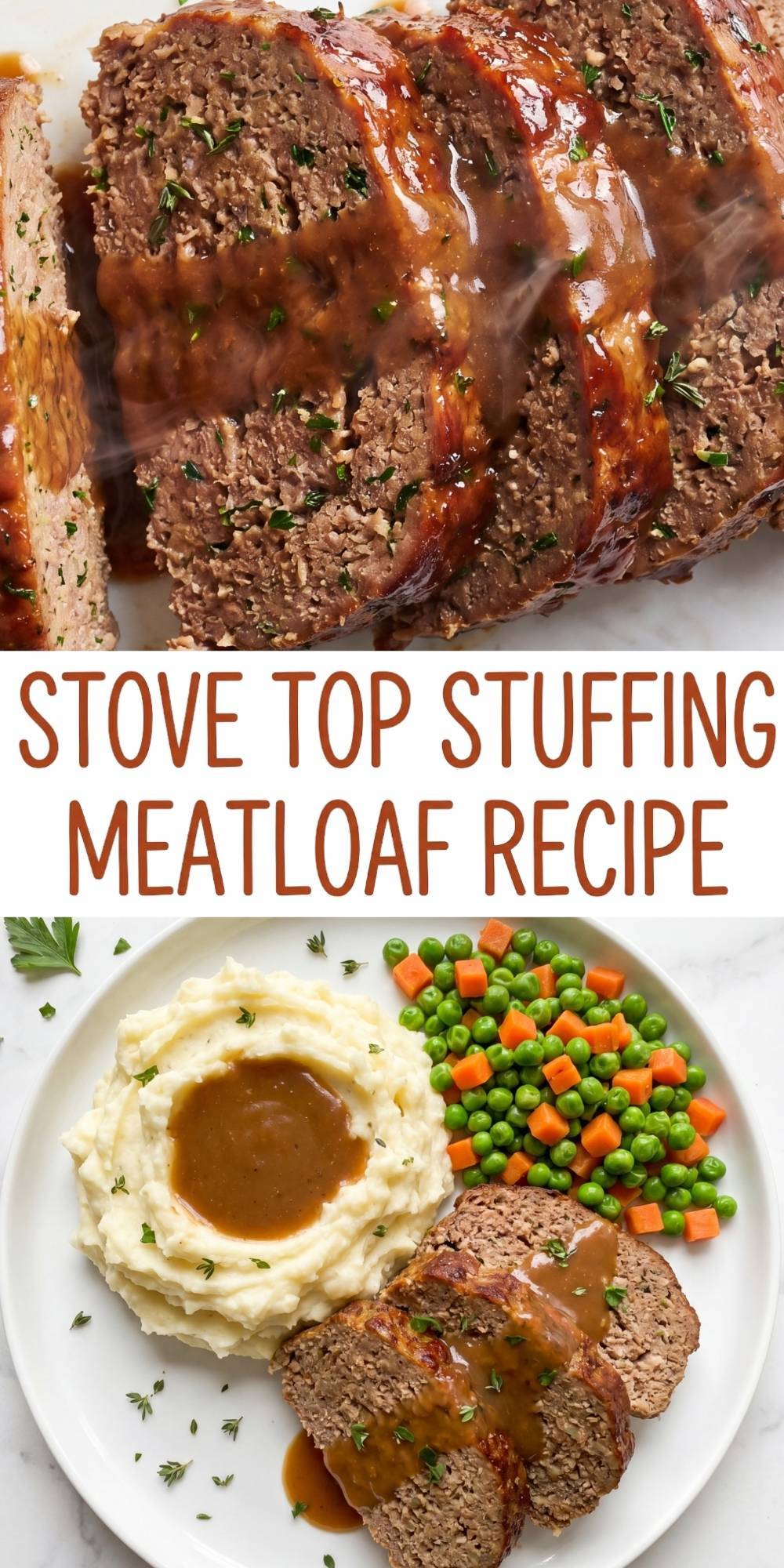 Sliced Stove Top stuffing meatloaf topped with brown gravy on a white plate with mashed potatoes and peas