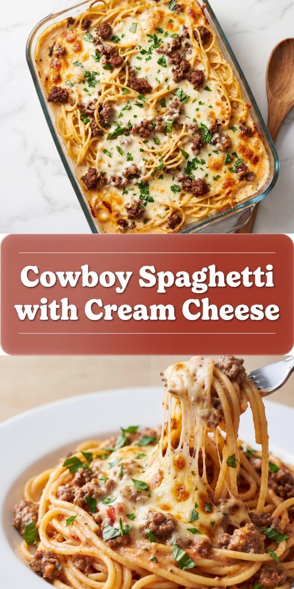 A Pinterest pin featuring a baked casserole of cowboy spaghetti in a glass dish and a plated serving showing a cheesy pasta pull with meat sauce and fresh herbs.