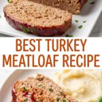 A whole glazed turkey meatloaf on a white platter with one slice cut and placed in the foreground.