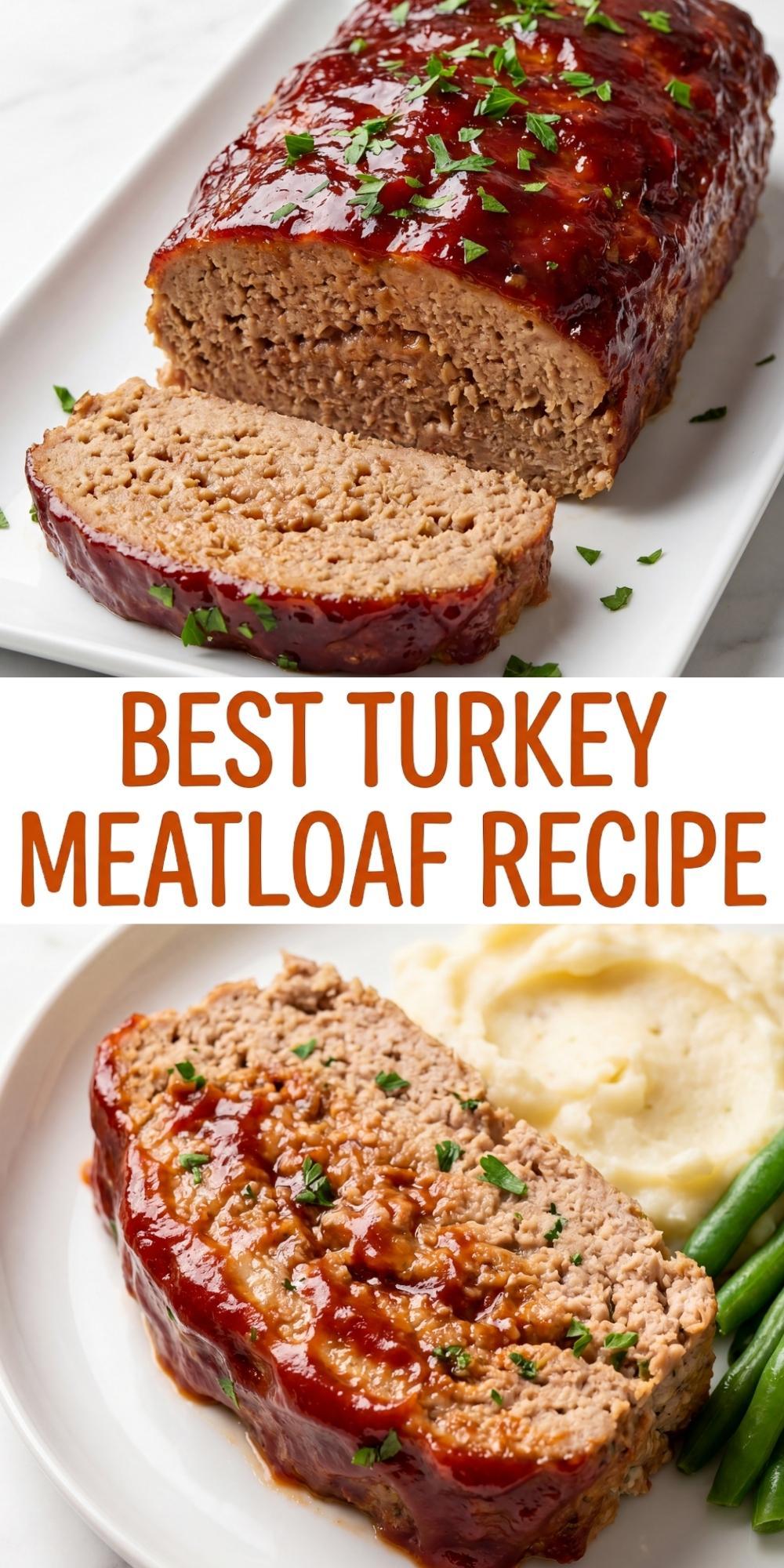A whole glazed turkey meatloaf on a white platter with one slice cut and placed in the foreground.