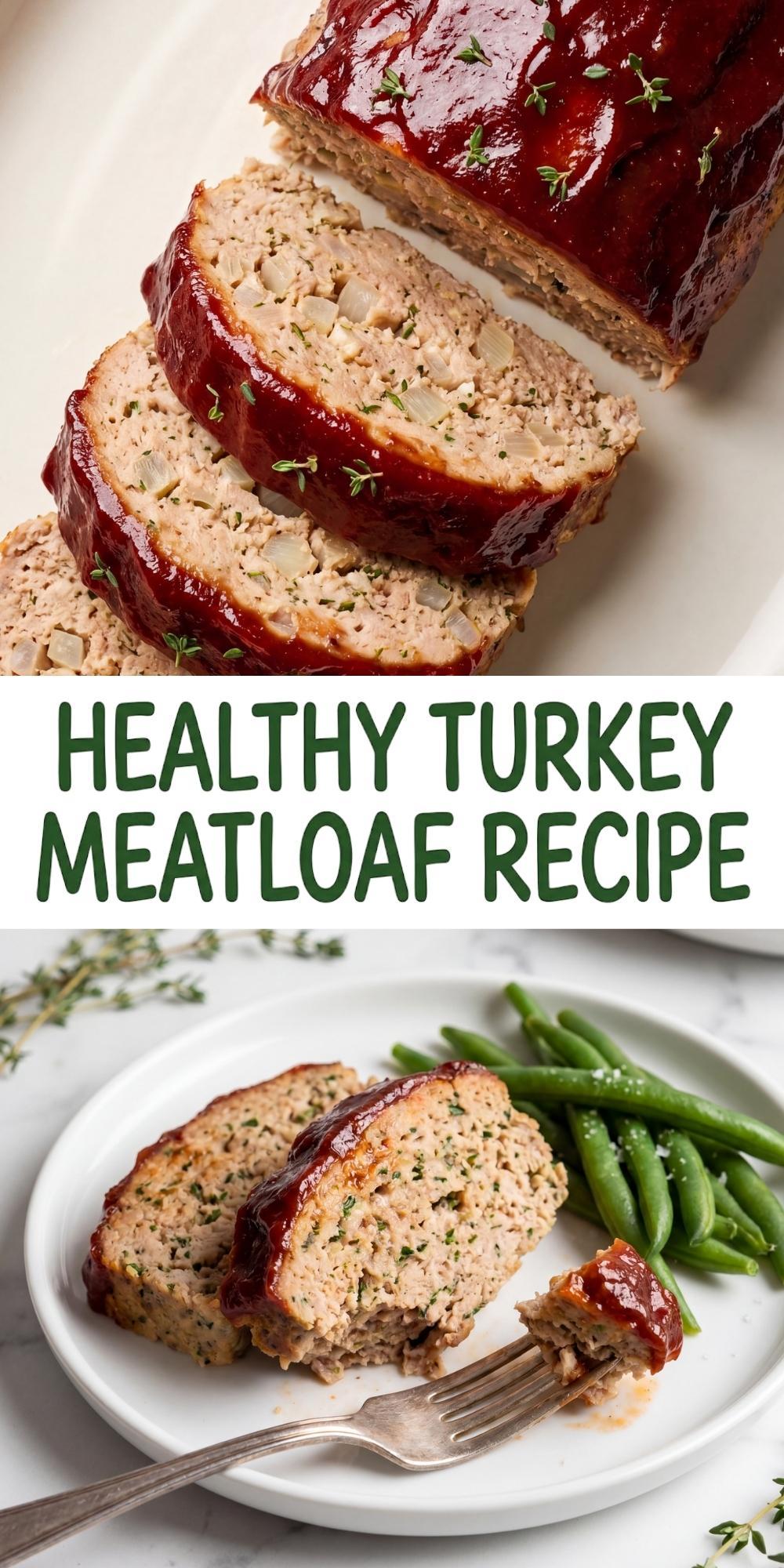 A Pinterest pin showing two views of a healthy turkey meatloaf with a dark red glaze and a side of green beans.